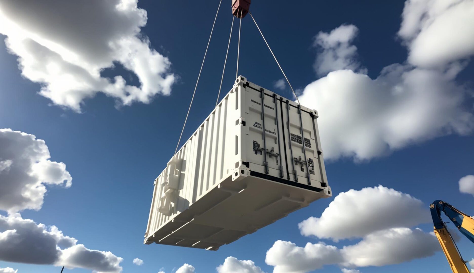 A crane lifts a container in the air.