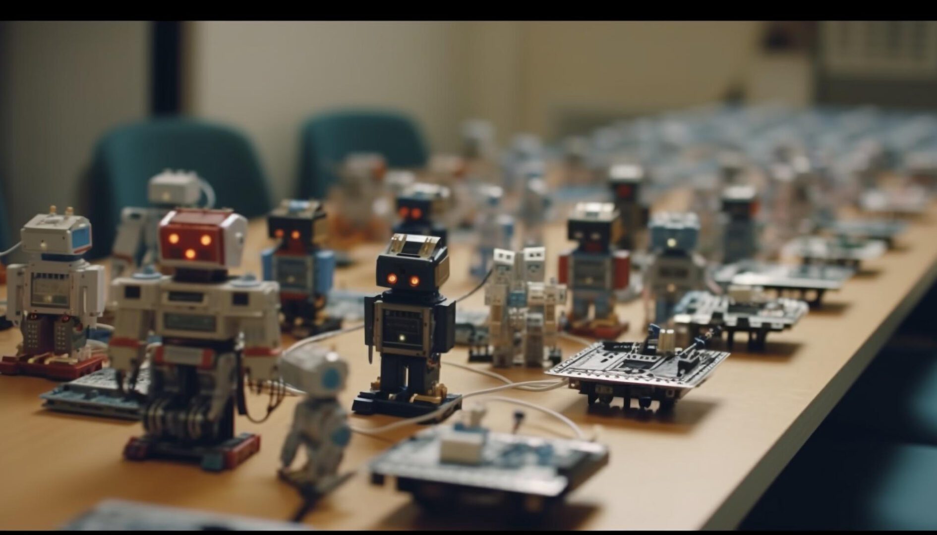 A table topped with lots of small robots.