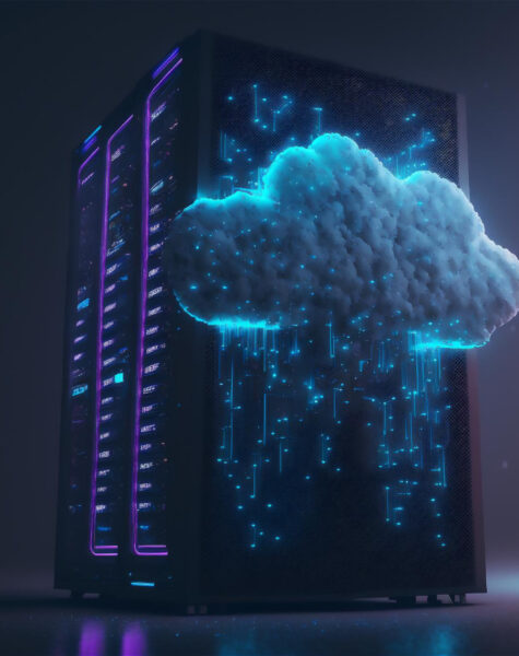 A computer server with the cloud in front of it.