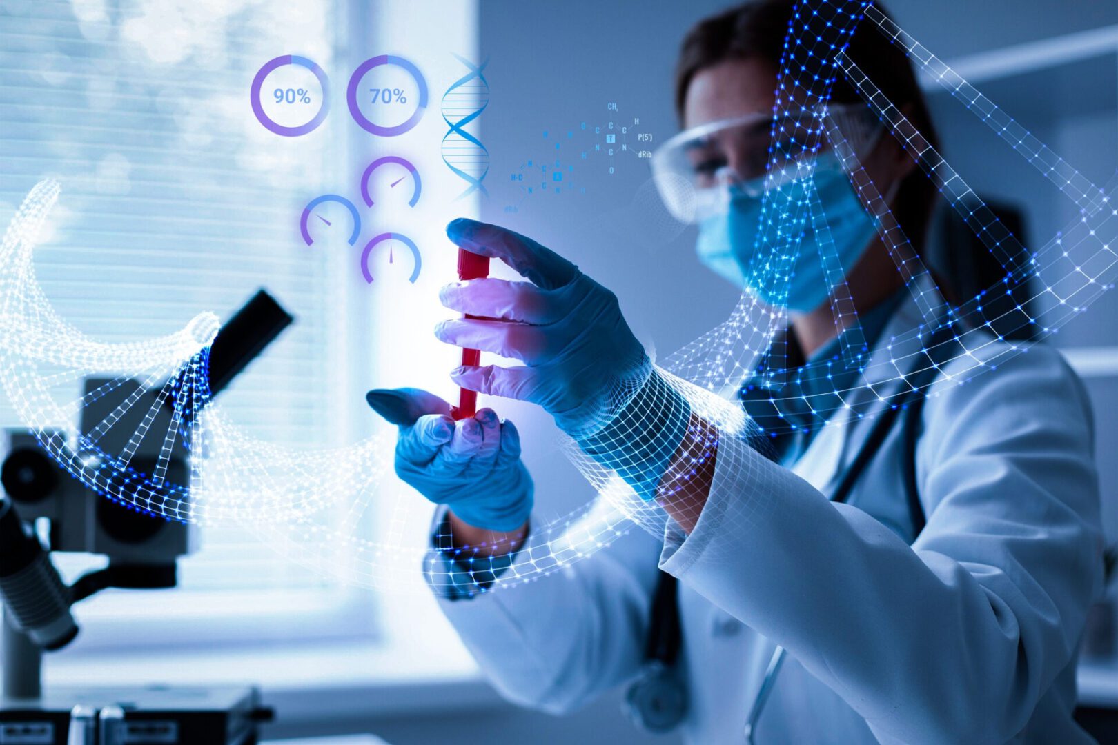 A woman testing a liquid in her lab wearing a mask